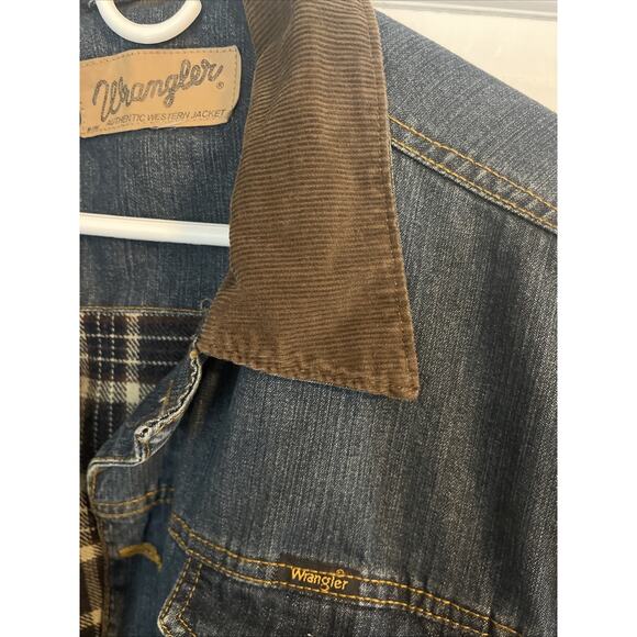 Wrangler Mens Jacket M Tall Blue Denim Brown Corduroy Collar Plaid Lined Western - Picture 2 of 15